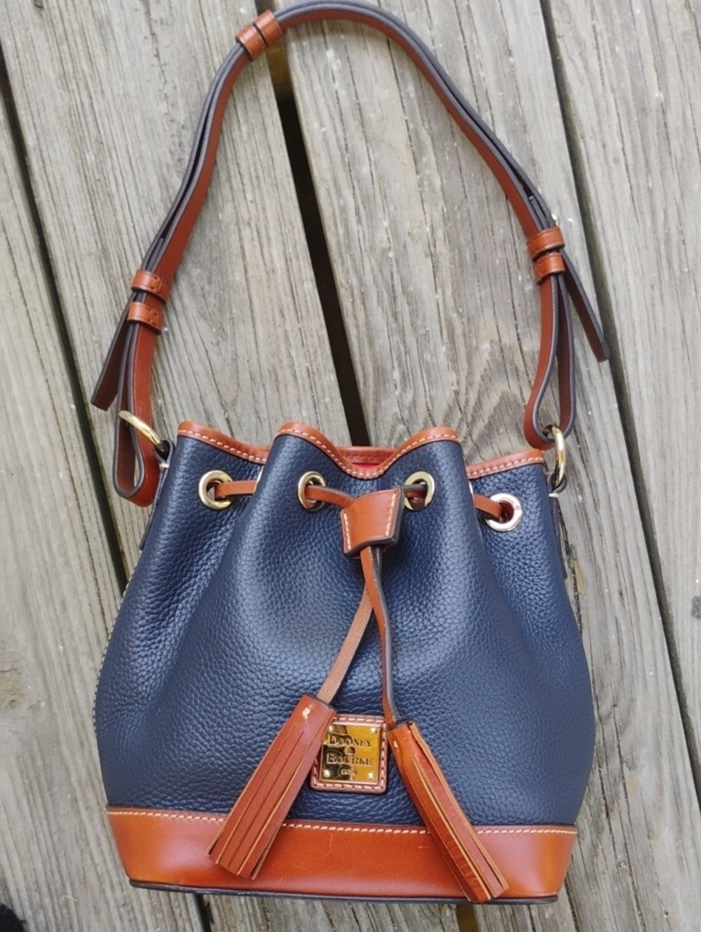 Dooney & Bourke Navy and Tan Pebble Leather Drawstring Bucket Shoulder Bag - Picture 2 of 10